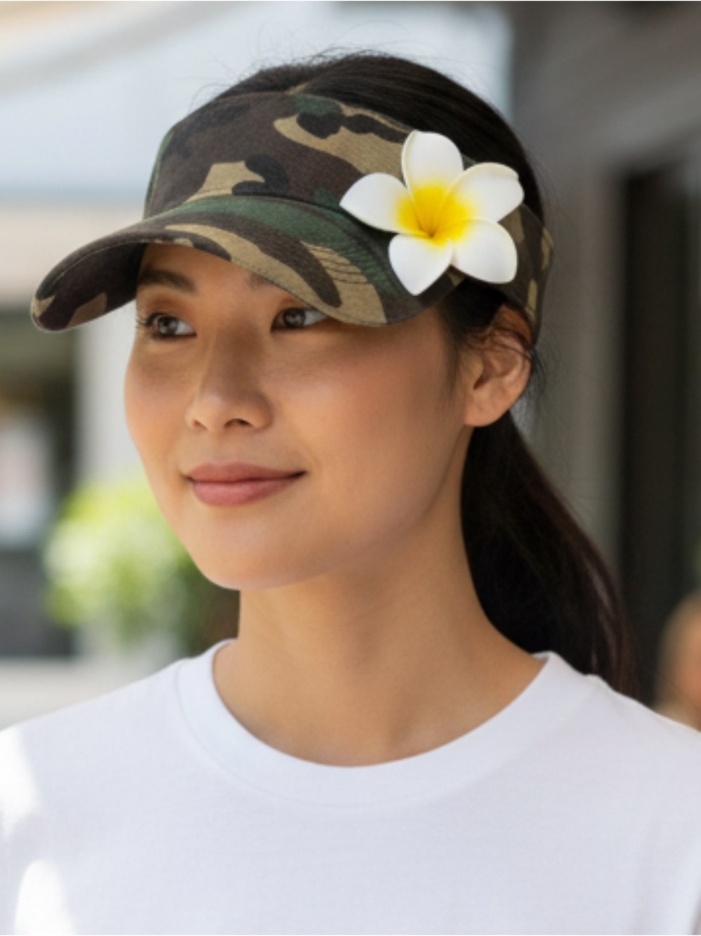 Camouflage visor short brim with Plumeria flower Hawaiian Hawaii